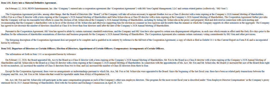 Captura de tela do preenchimento do Formulário 8-K pela PENN Entertainment detalhando um acordo de cooperação com a HG Vora Capital Management e a nomeação de três novos diretores para o conselho da empresa.