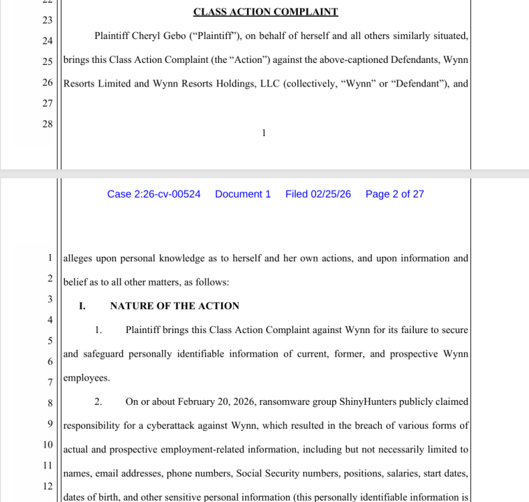 Captura de tela de um processo judicial federal em Gebo v. Wynn Resorts Limited e Wynn Resorts Holdings, LLC, mostrando a seção “Natureza da Ação” alegando que Wynn não conseguiu proteger informações de identificação pessoal após um ataque cibernético em fevereiro de 2026.
