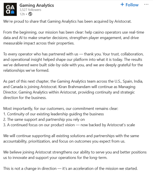 गेमिंग ॲनालिटिक्स कडून लिंक्डइन पोस्ट, ॲरिस्टोक्रॅटद्वारे त्याच्या संपादनाची घोषणा करते, नेतृत्व सातत्य, संघ एकत्रीकरण आणि ग्राहकांना वचनबद्धतेची रूपरेषा देते.