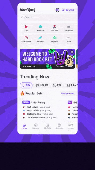 Tela inicial do aplicativo de apostas esportivas Hard Rock Bet mostrando a guia Para você, tendências de apostas da NBA, opções de acumulação e interface personalizada de apostas esportivas