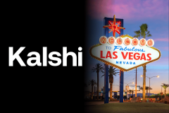 Federal judge denies Kalshi stay bid to pause Nevada gaming enforcement case. Kalshi logo on a black background beside the illuminated “Welcome to Fabulous Las Vegas Nevada” sign at dusk with palm trees and streetlights. Nevada ruling blocks Kalshi contracts amid dispute