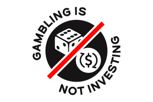 Gambling Is Not Investing coalition challenges prediction markets over sports betting consumer protections. Circular black-and-white logo reading “Gambling Is Not Investing” around the edge, with a dice and a dollar symbol inside crossed out by a red diagonal slash.