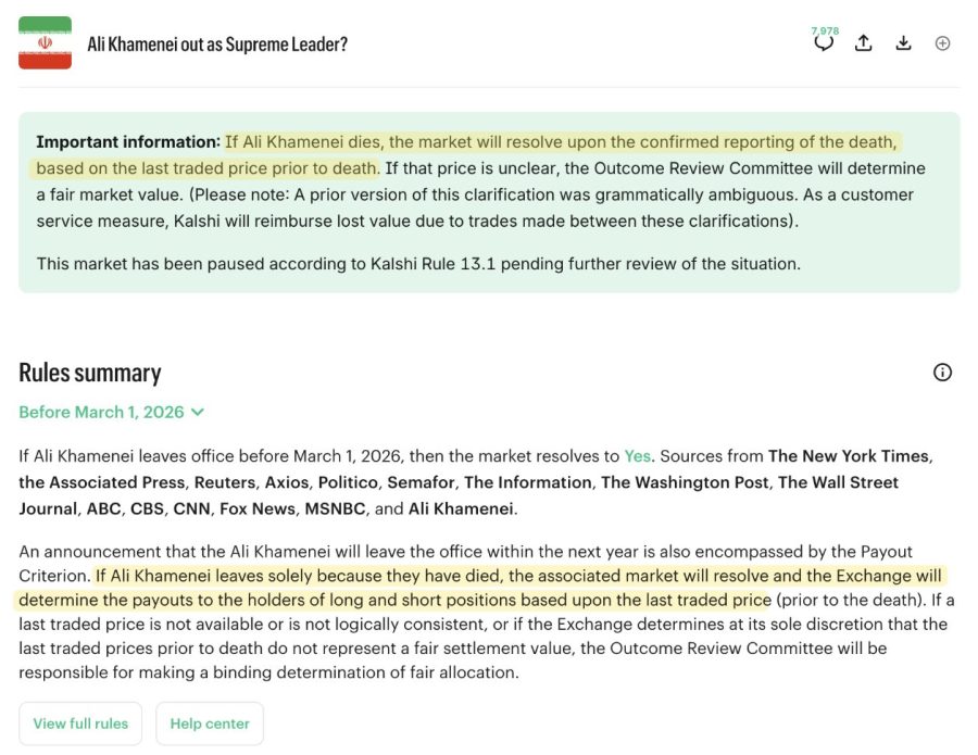 Captura de tela do mercado Kalshi intitulada “Ali Khamenei é considerado líder supremo?” mostrando um aviso destacado explicando que se ele morrer, o mercado será resolvido com base no último preço negociado antes da morte, juntamente com um resumo de regras referenciando as principais fontes de notícias.
