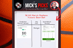 Mick’s Picks March Madness betting comparison showing Michigan futures odds on Kalshi prediction market versus traditional sportsbook platform. Kalshi and Gambling Is Not Investing clash over March Madness bets as ‘Mick’s Picks’ campaign launches