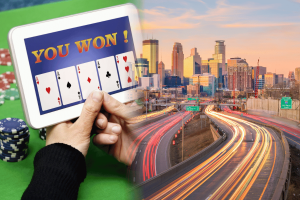 Minnesota senators push bill to ban online sweepstakes casino-style games. Tablet displaying “YOU WON!” with a royal flush poker hand beside Minneapolis skyline and highway traffic, symbolizing Minnesota online sweepstakes gambling debate.