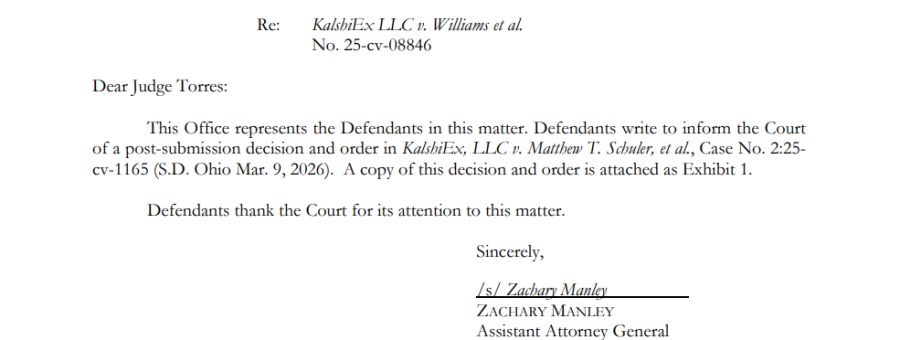 Screenshot of a March 9, 2026 letter from the New York Attorney General’s Office to U.S. District Judge Analisa Torres informing the court of the Ohio decision in KalshiEx LLC v. Schuler denying Kalshi’s preliminary injunction.
