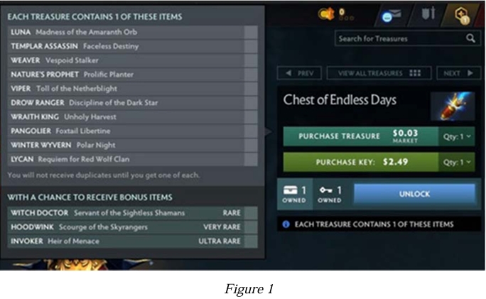 Captura de tela da interface de uma caixa de saque do Dota 2 mostrando um “Baú dos dias sem fim” com uma lista de possíveis recompensas de itens cosméticos e botões para comprar um tesouro por US$ 0,03 e uma chave por US$ 2,49.