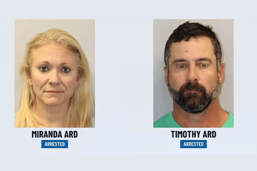 Tallahassee property managers accused of spending client funds on gambling and travel. Mugshots of Miranda Ard and Timothy Ard shown side by side after their arrests. Miranda Ard, a blonde woman with long hair, appears on the left. Timothy Ard, a man with short dark hair and a beard wearing a green shirt, appears on the right. Both images are labeled “Arrested.”