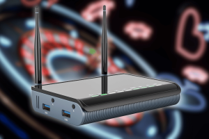 US router ban impact on online gambling industry with WiFi router in casino background