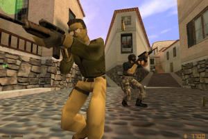 Valve faces federal class action lawsuit claiming loot boxes run illegal gambling system. Screenshot from the original Counter-Strike showing two armed player characters moving through a narrow street while aiming rifles in a Mediterranean-style map.