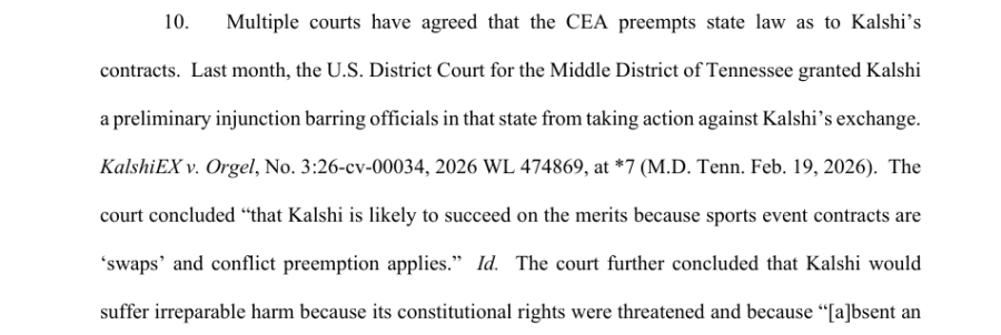 Screenshot of a legal complaint page stating that a U.S. District Court in Tennessee granted Kalshi a preliminary injunction blocking state officials from taking action against its exchange while litigation proceeds.