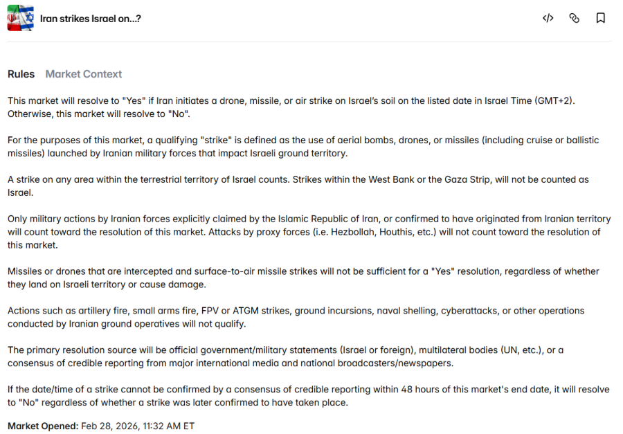 Captura de tela de uma página da Polymarket intitulada “Irã ataca Israel em…?” mostrando regras de mercado que definem quando o mercado de previsão resolve “Sim”, incluindo que drones, mísseis ou ataques aéreos iranianos devem impactar o território israelense e ser confirmados por relatórios confiáveis ​​ou declarações oficiais.