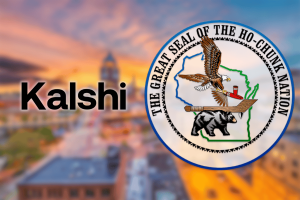 Kalshi and Ho-Chunk Nation seal over Wisconsin skyline representing prediction markets legal dispute between federal regulators and tribal authority