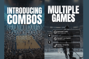 Fanatics Markets Combos feature promo showing multi-game sports prediction market picks across basketball baseball and hockey bets
