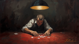 A man sitting somberly at a dark casino table game.