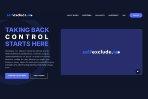 SelfExclude.io homepage showing “Taking Back Control Starts Here” with call to start self-exclusion from prediction markets. How do you self-exclude from prediction markets Kalshi joins SelfExclude network