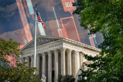 US Supreme Court building with stock market graphics overlay, symbolizing CFTC lawsuits over prediction markets and gambling law conflict