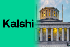 Kalshi logo overlaid on Ohio Statehouse building, symbolizing legal dispute with Ohio regulators over sports event contracts and gambling laws. Kalshi challenges Ohio over proposed $5M regulatory fine