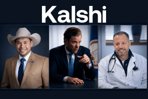 Kalshi enforcement cases graphic showing three political candidates penalized over election market betting rules, with portraits of Matt Klein, Mark Moran and Ezekiel Enriquez under Kalshi branding.