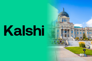 Kalshi logo beside Montana State Capitol building as Kalshi seeks federal injunction against Montana gambling enforcement over prediction markets
