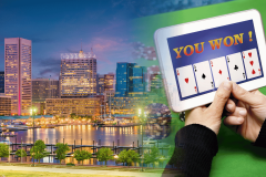 Maryland sweepstakes gaming legislation image showing Baltimore skyline and tablet casino win screen after 2026 bills stalled