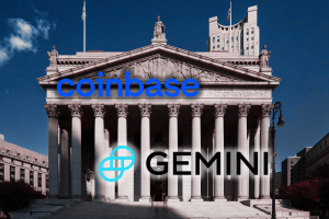 Coinbase and Gemini logos on New York courthouse building after Attorney General lawsuits over crypto prediction markets and online gambling claims