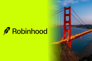 Robinhood logo beside Golden Gate Bridge in San Francisco representing Robinhood federal lawsuit over sports prediction contracts and betting markets