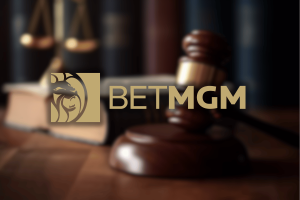 BetMGM logo over courtroom background with judge’s gavel and scales of justice, symbolizing gambling lawsuit and legal dispute involving sportsbook operator. Tennessee man sues BetMGM over alleged self exclusion betting failures