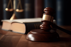 Wooden judge gavel on courtroom desk with law books and scales representing federal fraud charges and criminal court proceedings. Federal casino fraud indictment targets Sacramento man over fake cannabis investment