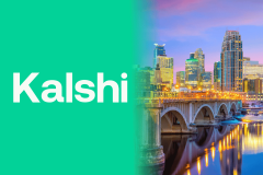 Kalshi prediction markets platform branding alongside the Minneapolis, Minnesota skyline and bridge, illustrating the company's legal challenge to Minnesota's prediction market ban.