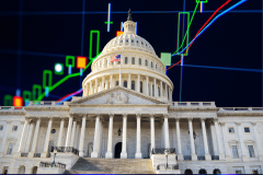 U.S. Capitol with stock market chart illustrating prediction market legislation, Kalshi legal battles, CFTC filings, and congressional regulation.