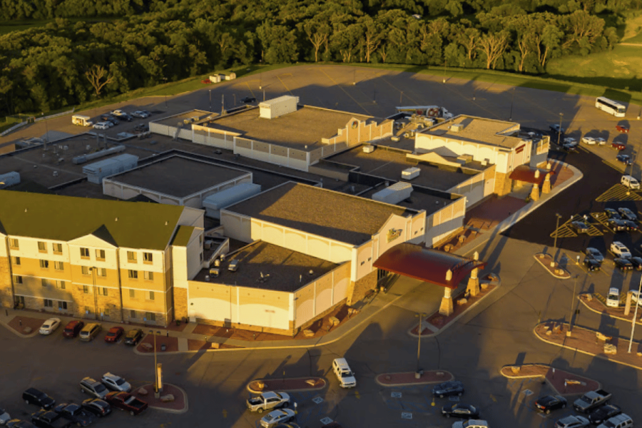Aerial view of Prairie’s Edge Casino Resort in Minnesota, the Upper Sioux Community gaming and hotel complex at the center of a tribal solar energy project and utility service dispute.