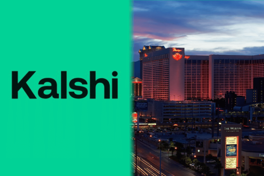 Kalshi logo alongside the Las Vegas skyline as Nevada regulators seek contempt sanctions over prediction market contracts and gaming law enforcement.