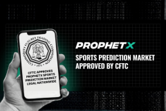 ProphetX sports prediction market receives CFTC approval in the United States, shown in a promotional graphic featuring a smartphone displaying the Commodity Futures Trading Commission seal and text announcing nationwide approval for the federally regulated sports prediction exchange.