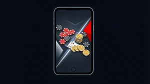Sleek smartphone displaying social casino interface with cards and chips against dark background