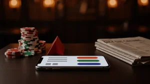 Irish betting site interface on smartphone with casino chips and racing form on dark table in traditional pub setting