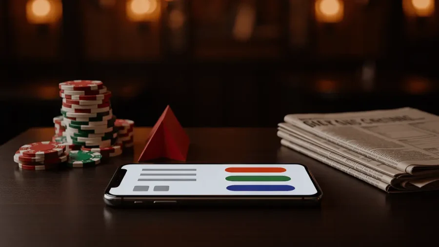 Irish betting site interface on smartphone with casino chips and racing form on dark table in traditional pub setting