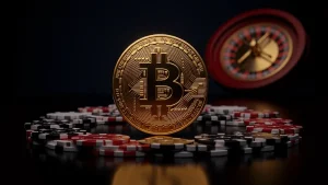 Bitcoin coin on casino table with poker chips and roulette wheel for sweepstakes gambling