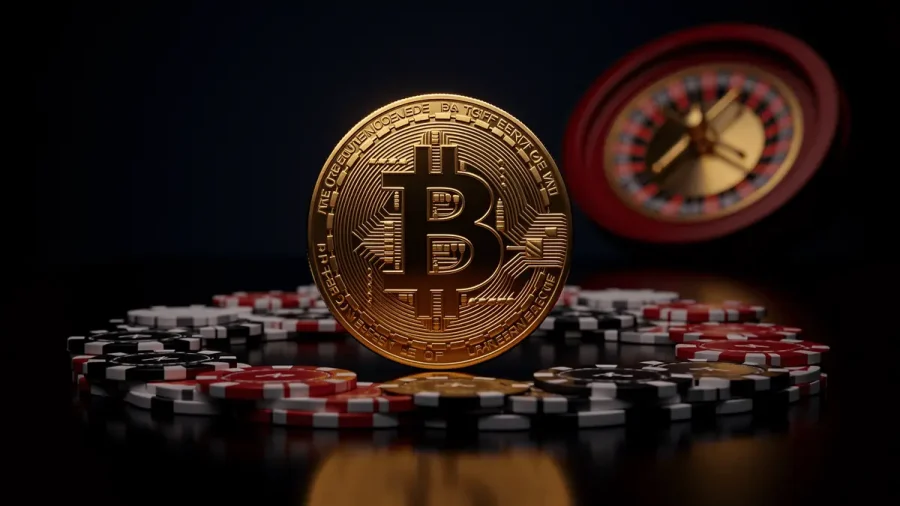 Bitcoin coin on casino table with poker chips and roulette wheel for sweepstakes gambling
