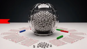 Bingo cage with numbered balls and colorful daubers on white surface with editorial lighting