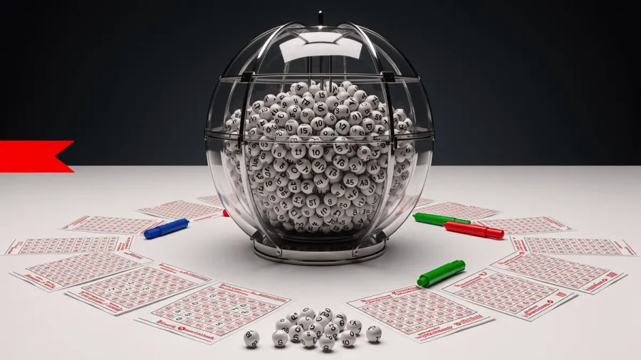 Bingo cage with numbered balls and colorful daubers on white surface with editorial lighting