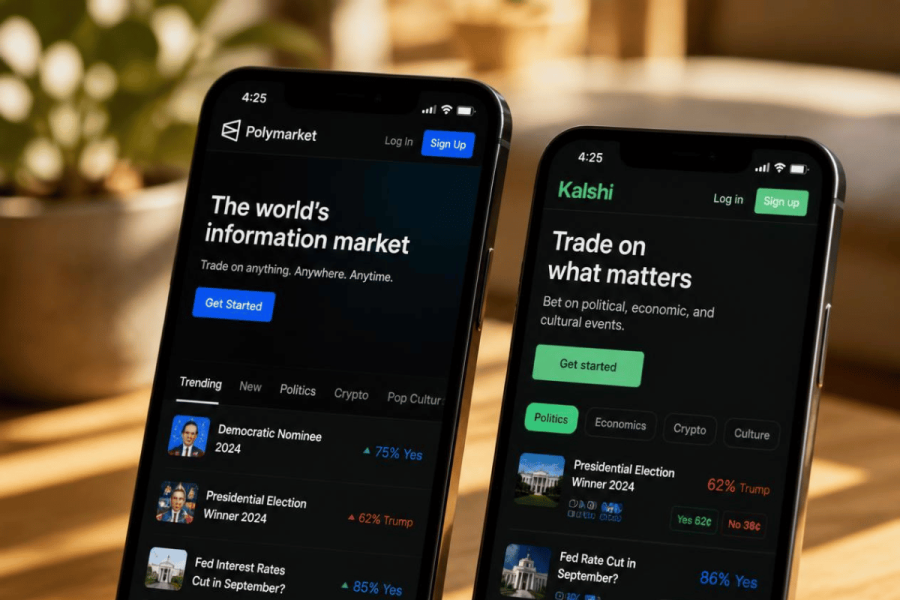 Polymarket and Kalshi prediction market platforms displayed on smartphones amid growing CFTC regulatory and legal challenges. CFTC prediction market rules face legal threats - Better Markets