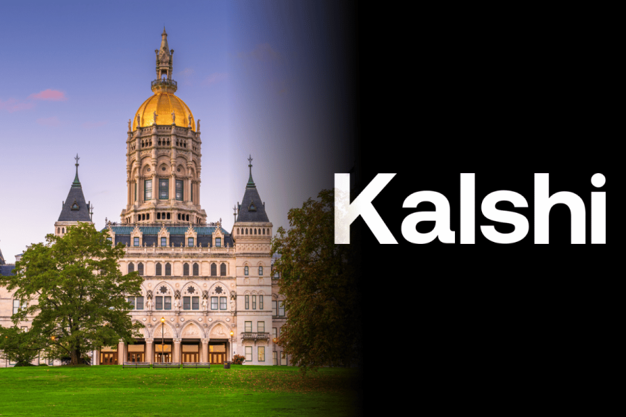 Connecticut State Capitol alongside Kalshi logo amid lawsuit over unlicensed sports betting and prediction market contracts. Connecticut sues Kalshi over sports contracts offered without state gambling license