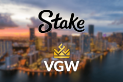 Stake and VGW logos over a Florida city skyline, illustrating lawsuits targeting the sweepstakes casino operators in Florida.