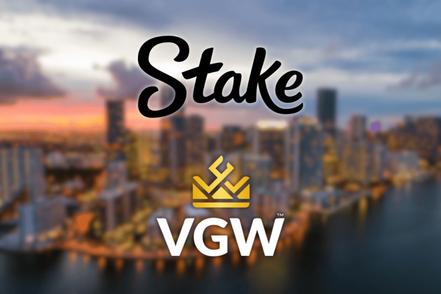 Stake and VGW logos over a Florida city skyline, illustrating lawsuits targeting the sweepstakes casino operators in Florida.