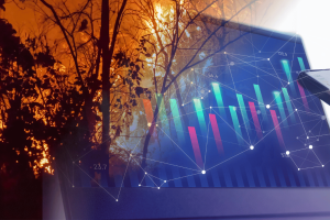 Wildfire burns behind financial trading charts illustrating prediction market bets on wildfire events. House bill would ban wildfire bets on federally regulated prediction markets