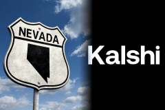 Nevada road sign beside Kalshi logo illustrating the prediction market operator’s geofencing dispute with Nevada gaming regulators.