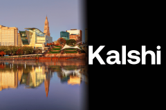 Kalshi logo alongside the Hartford, Connecticut skyline as the prediction market challenges state gambling enforcement.