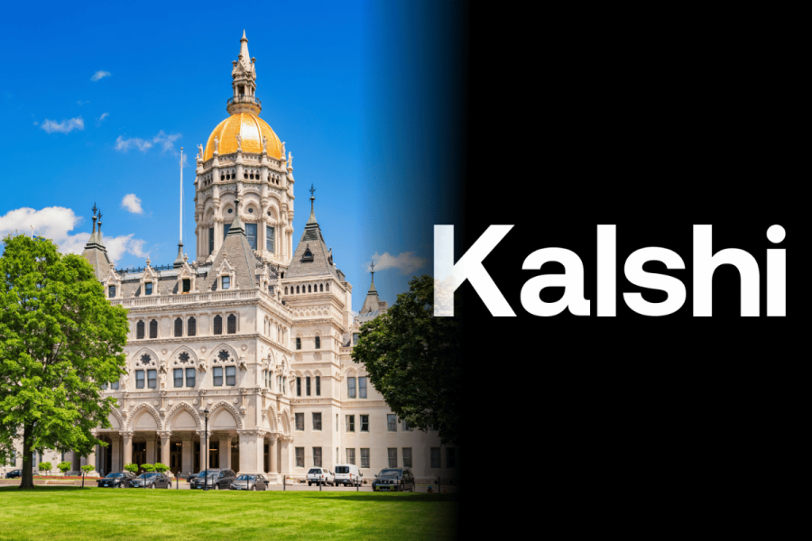 Connecticut State Capitol alongside Kalshi logo amid legal battle over state gambling enforcement. Kalshi denied temporary shield from Connecticut gambling enforcement during federal appeal