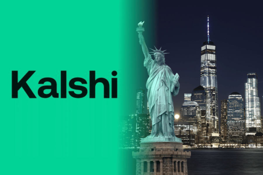Kalshi logo alongside the Statue of Liberty and New York City skyline amid federal court dispute.